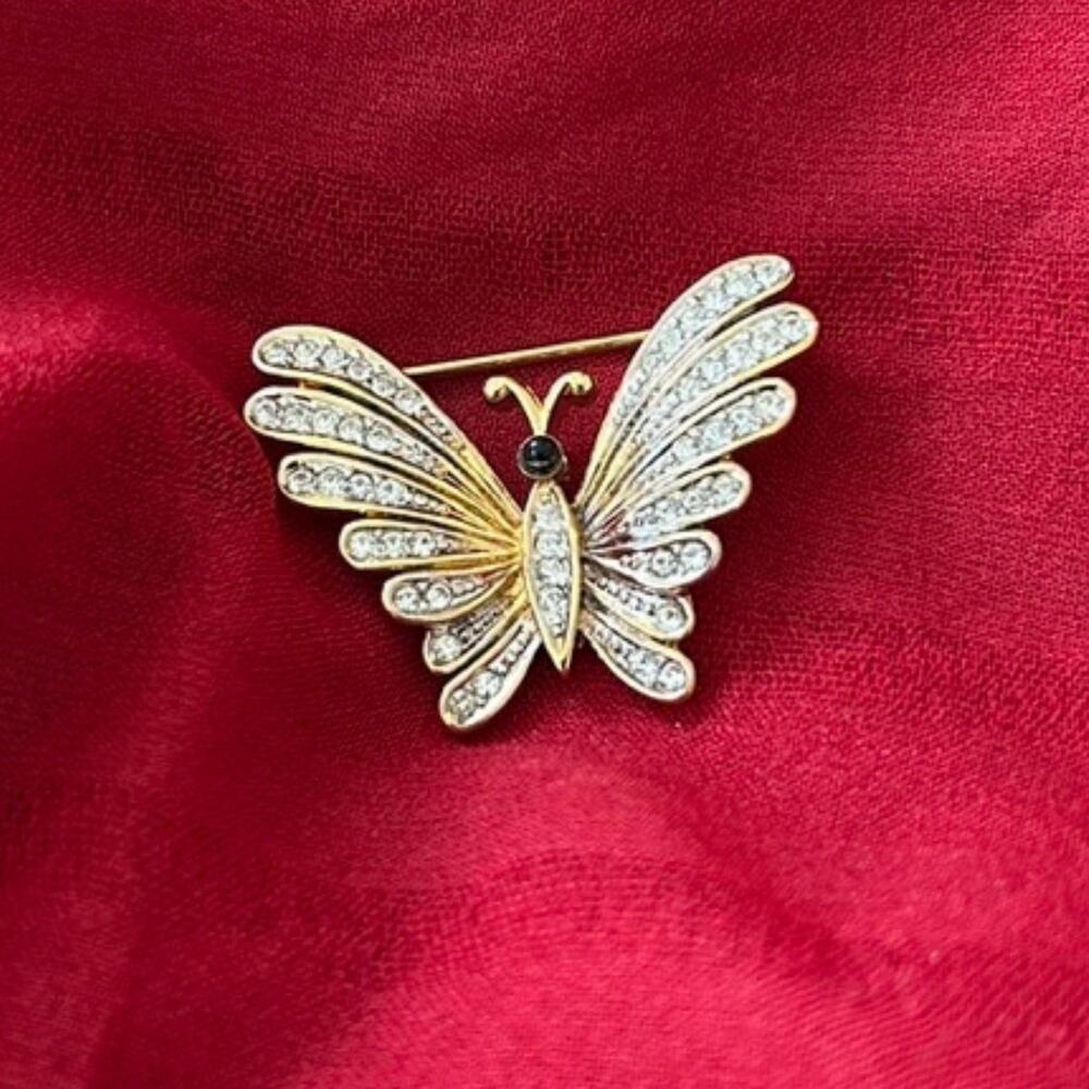 Vtg D'Orlan Butterfly Brooch 22K Gold Plated Swarovski Crystal Signed Pin